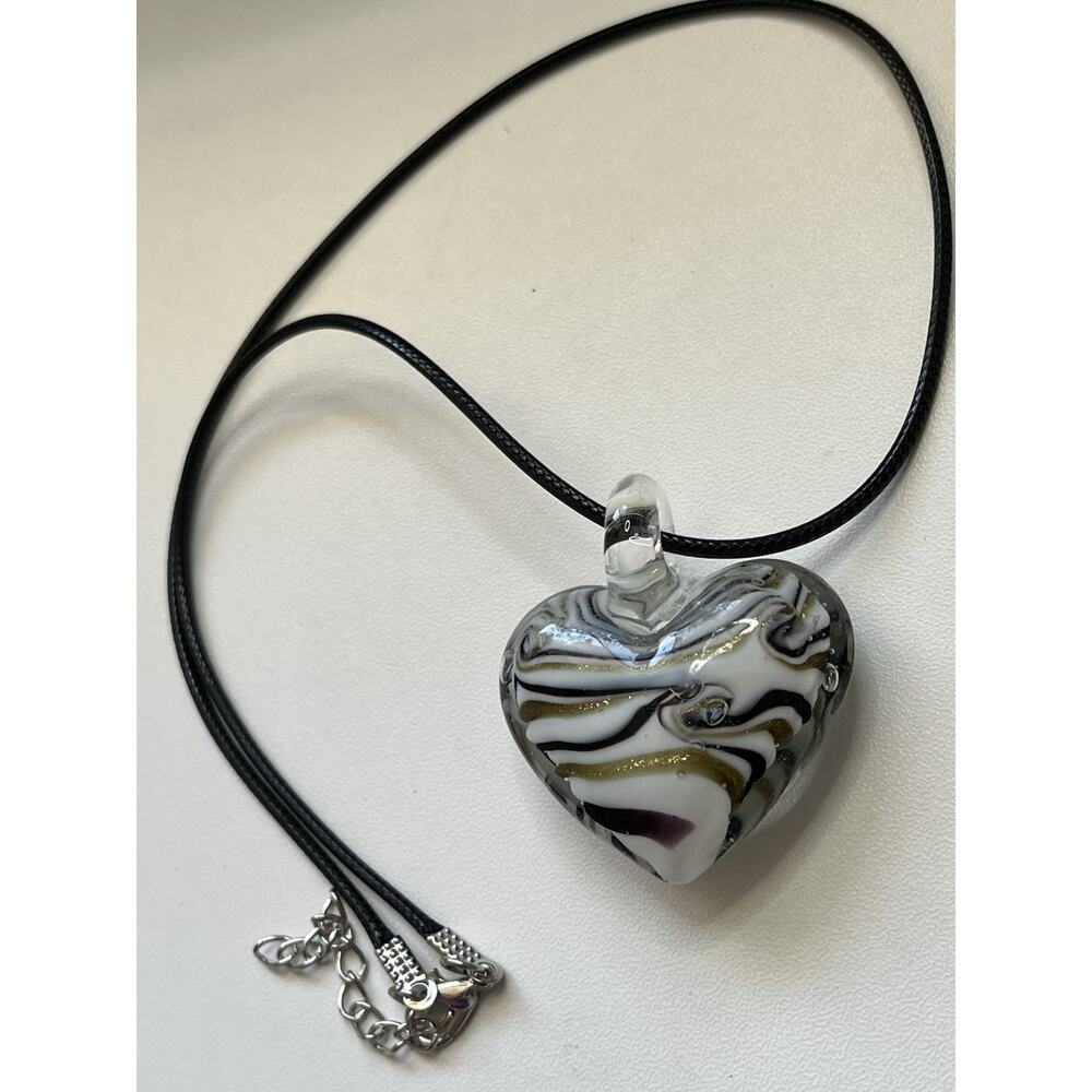 Hand Blown Art Glass Puffy Heart Pendant Clear with Black & Gold Swirls - Picture 3 of 6